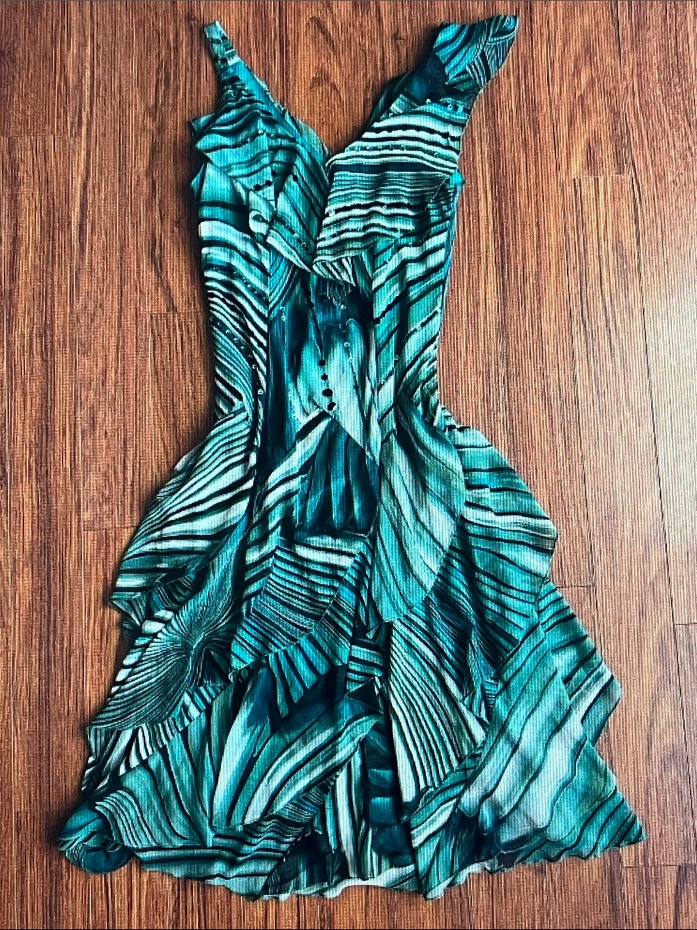 Robbie Bee Teal & Black Tropical-Print Ruffle Midi Dress